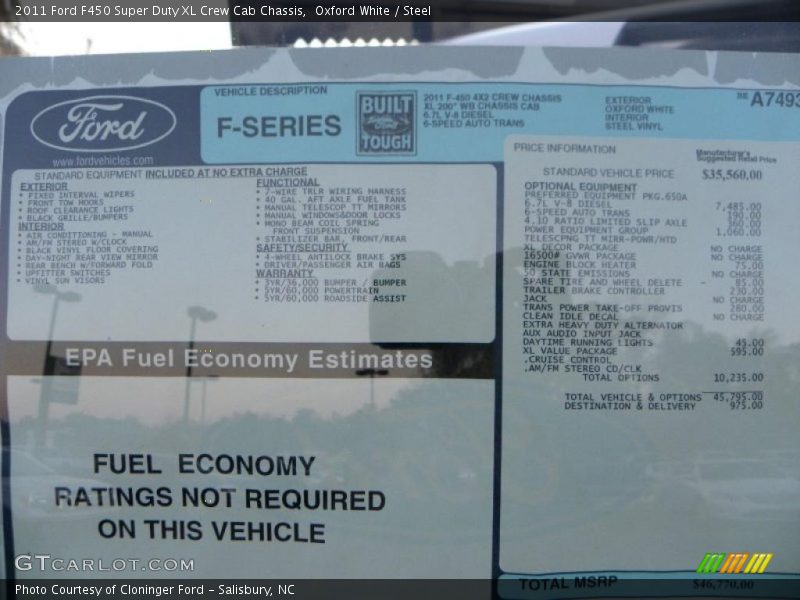  2011 F450 Super Duty XL Crew Cab Chassis Window Sticker