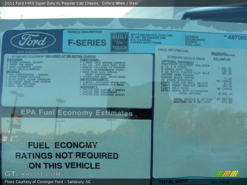  2011 F450 Super Duty XL Regular Cab Chassis Window Sticker