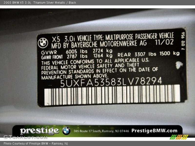 Titanium Silver Metallic / Black 2003 BMW X5 3.0i