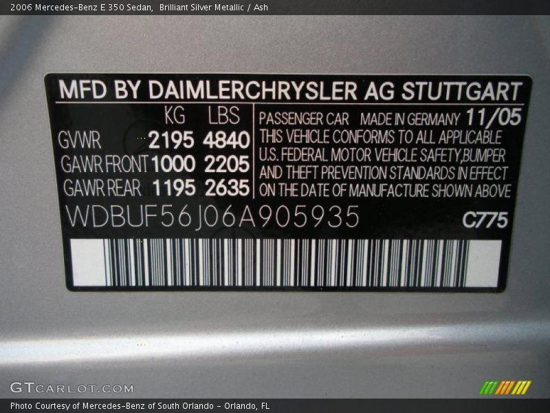 Brilliant Silver Metallic / Ash 2006 Mercedes-Benz E 350 Sedan