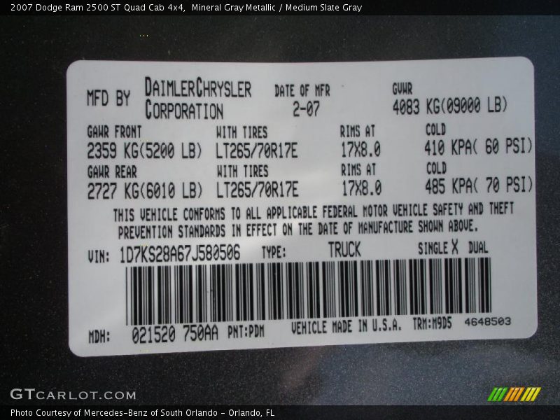 2007 Ram 2500 ST Quad Cab 4x4 Mineral Gray Metallic Color Code PDM