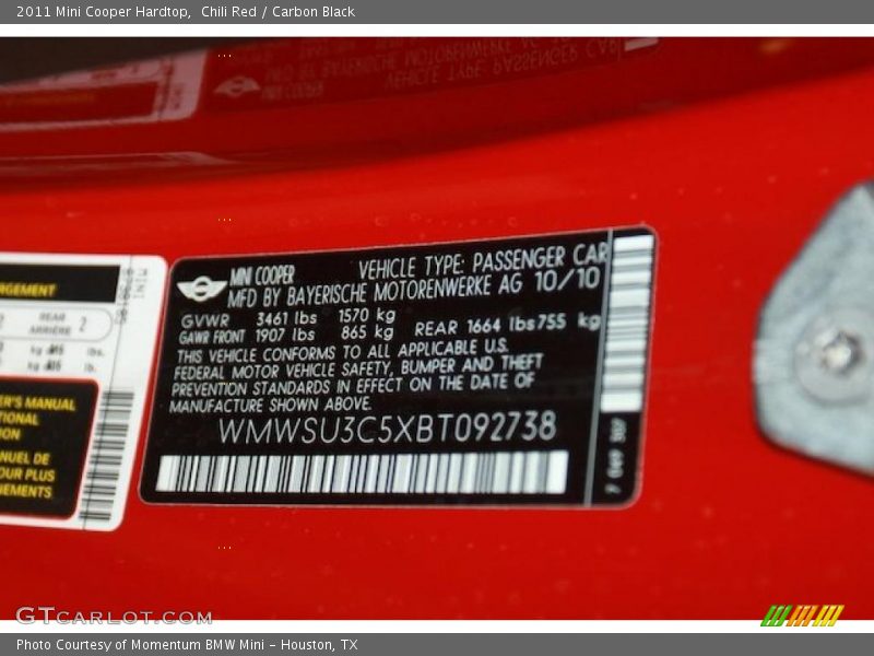 Info Tag of 2011 Cooper Hardtop