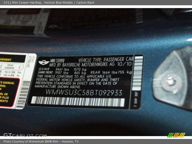 Horizon Blue Metallic / Carbon Black 2011 Mini Cooper Hardtop