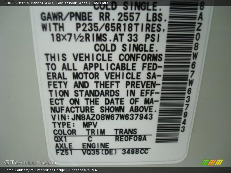 Glacier Pearl White / Cafe Latte 2007 Nissan Murano SL AWD