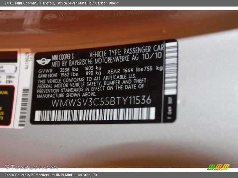 White Silver Metallic / Carbon Black 2011 Mini Cooper S Hardtop
