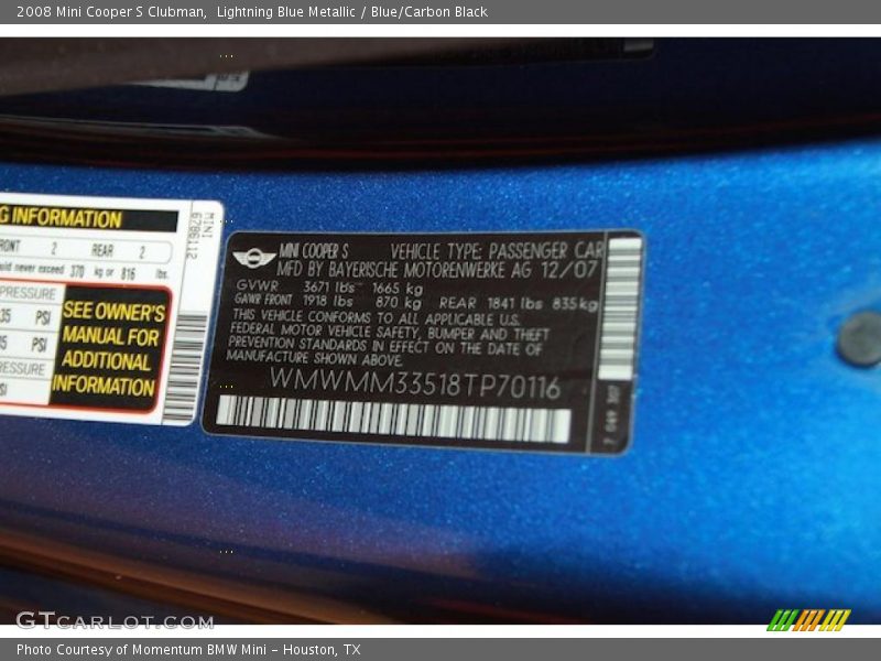 Lightning Blue Metallic / Blue/Carbon Black 2008 Mini Cooper S Clubman