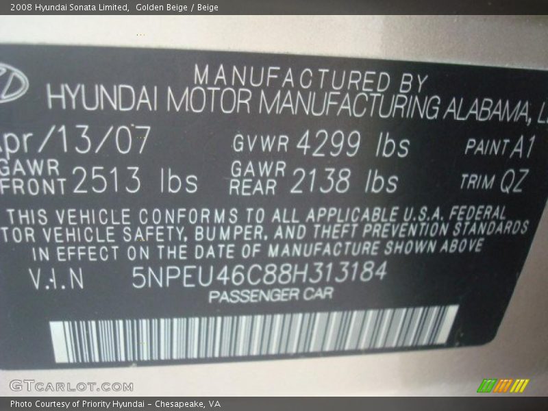 Golden Beige / Beige 2008 Hyundai Sonata Limited