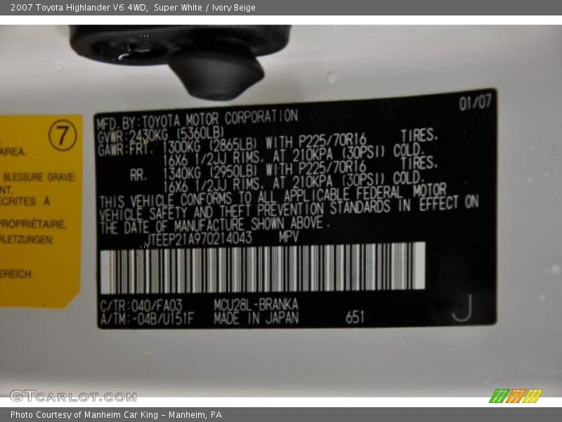 Super White / Ivory Beige 2007 Toyota Highlander V6 4WD