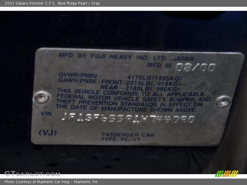 Blue Ridge Pearl / Gray 2001 Subaru Forester 2.5 S