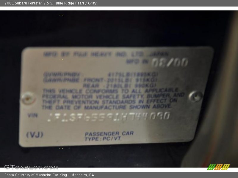 Blue Ridge Pearl / Gray 2001 Subaru Forester 2.5 S