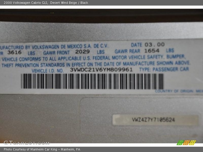 Desert Wind Beige / Black 2000 Volkswagen Cabrio GLS