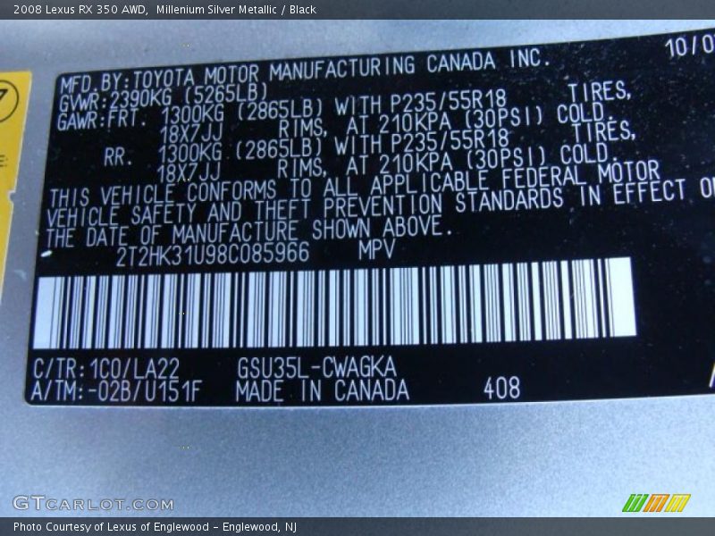 Millenium Silver Metallic / Black 2008 Lexus RX 350 AWD
