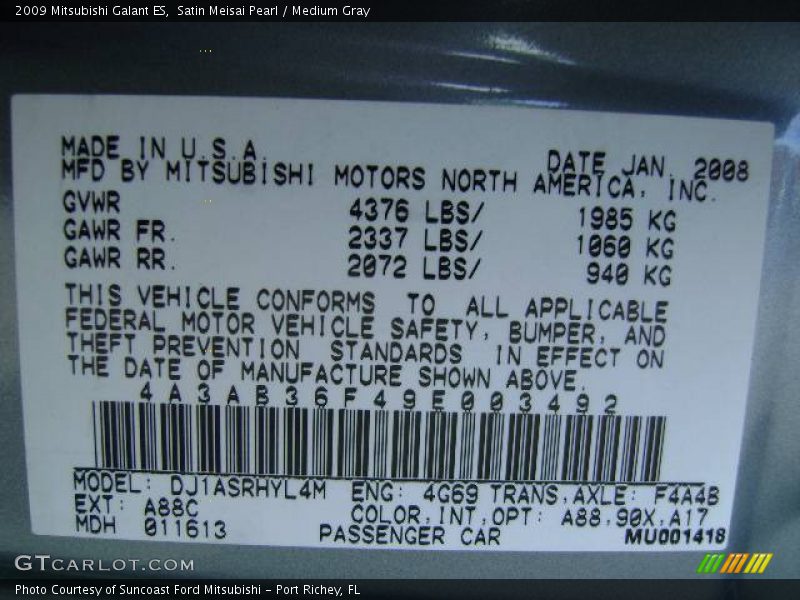 Satin Meisai Pearl / Medium Gray 2009 Mitsubishi Galant ES