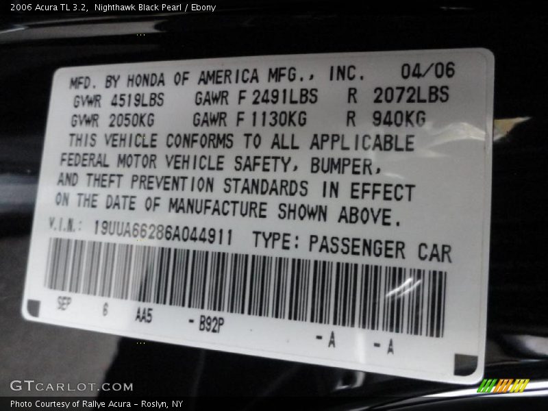 Nighthawk Black Pearl / Ebony 2006 Acura TL 3.2