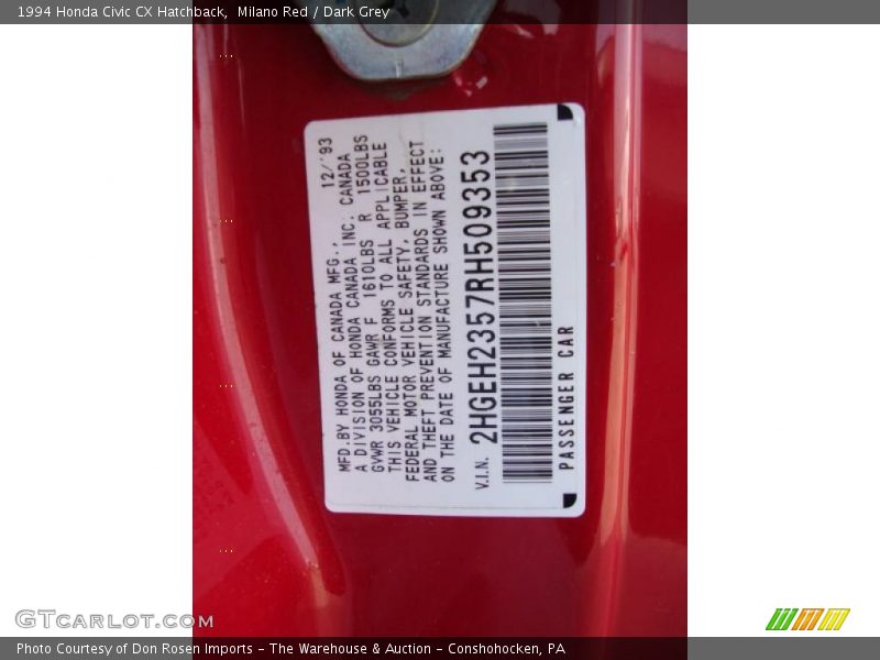 Milano Red / Dark Grey 1994 Honda Civic CX Hatchback