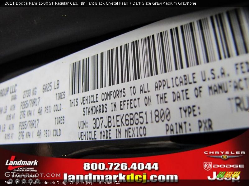 Brilliant Black Crystal Pearl / Dark Slate Gray/Medium Graystone 2011 Dodge Ram 1500 ST Regular Cab
