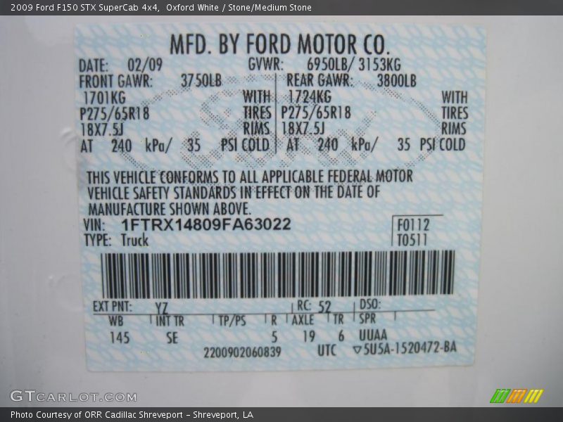 2009 F150 STX SuperCab 4x4 Oxford White Color Code YZ