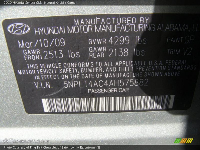 Natural Khaki / Camel 2010 Hyundai Sonata GLS
