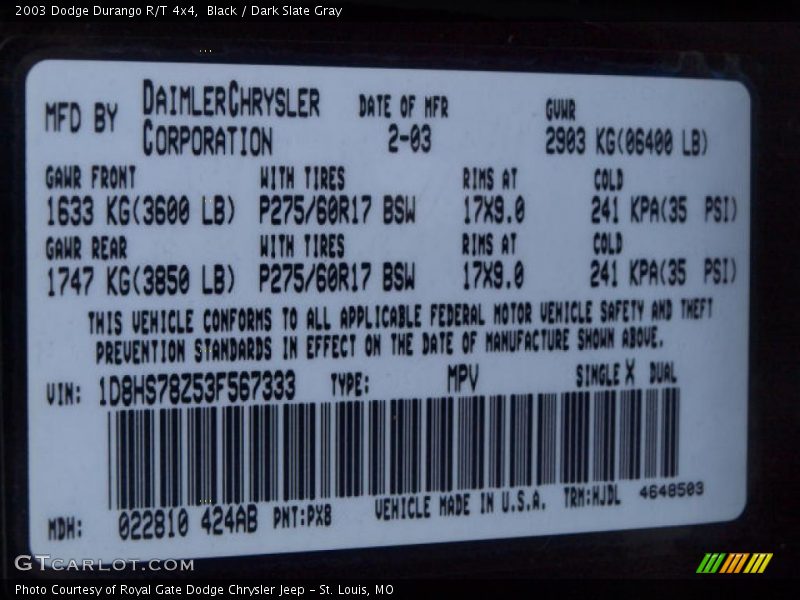 Black / Dark Slate Gray 2003 Dodge Durango R/T 4x4