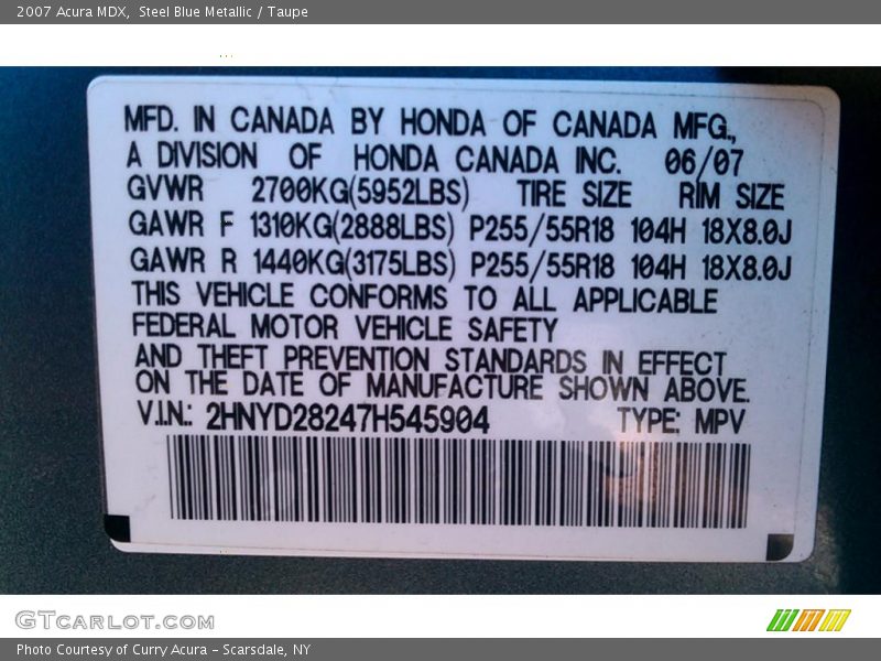 Steel Blue Metallic / Taupe 2007 Acura MDX