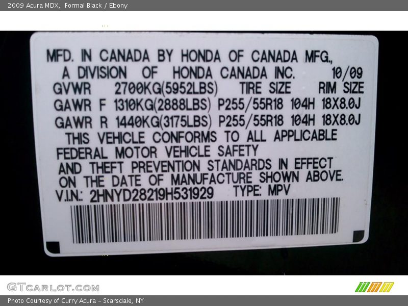 Formal Black / Ebony 2009 Acura MDX