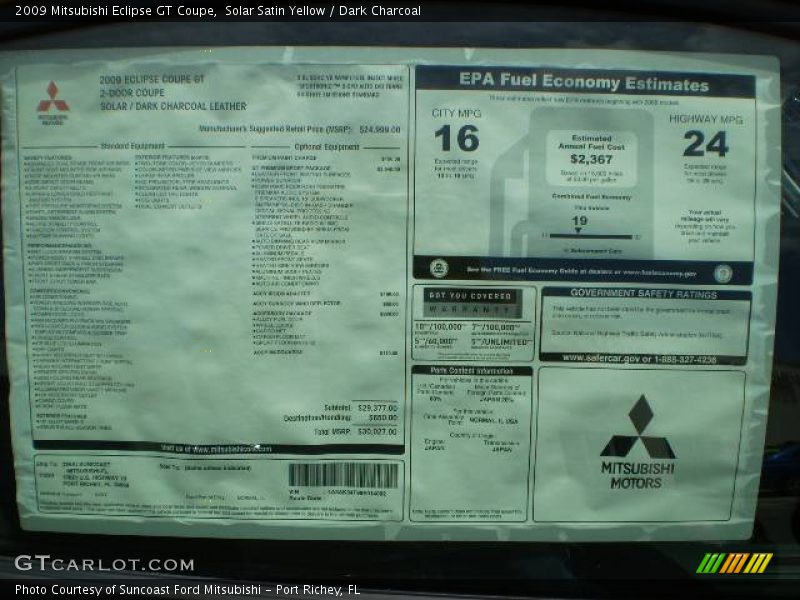 Solar Satin Yellow / Dark Charcoal 2009 Mitsubishi Eclipse GT Coupe