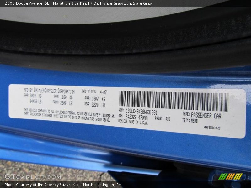 Marathon Blue Pearl / Dark Slate Gray/Light Slate Gray 2008 Dodge Avenger SE