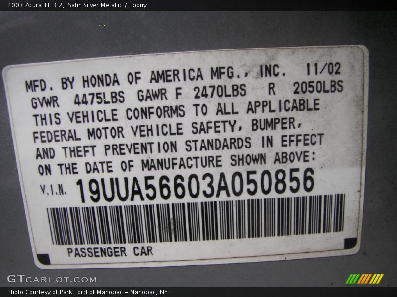 Satin Silver Metallic / Ebony 2003 Acura TL 3.2