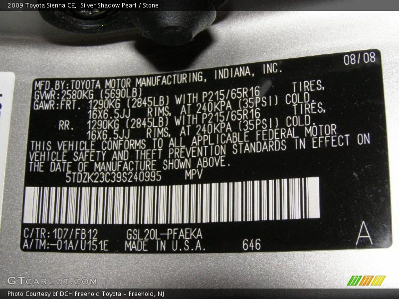 Silver Shadow Pearl / Stone 2009 Toyota Sienna CE