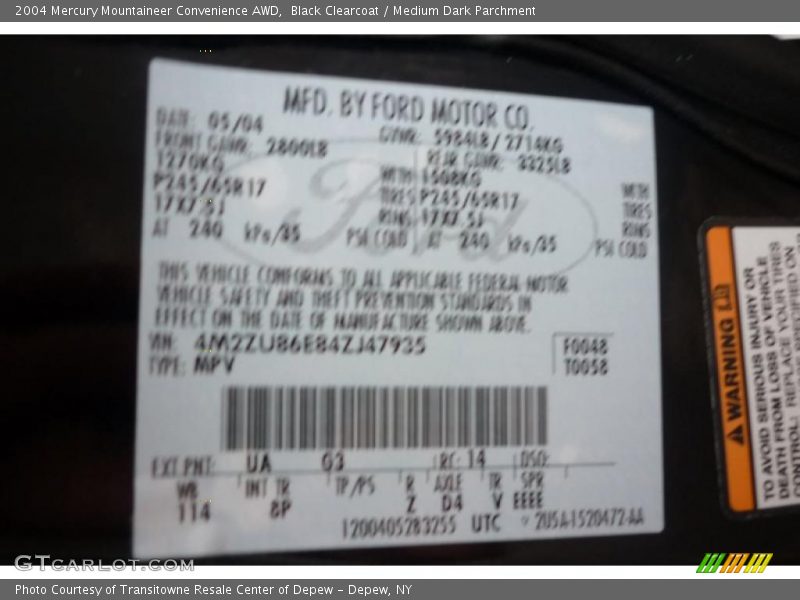 Black Clearcoat / Medium Dark Parchment 2004 Mercury Mountaineer Convenience AWD