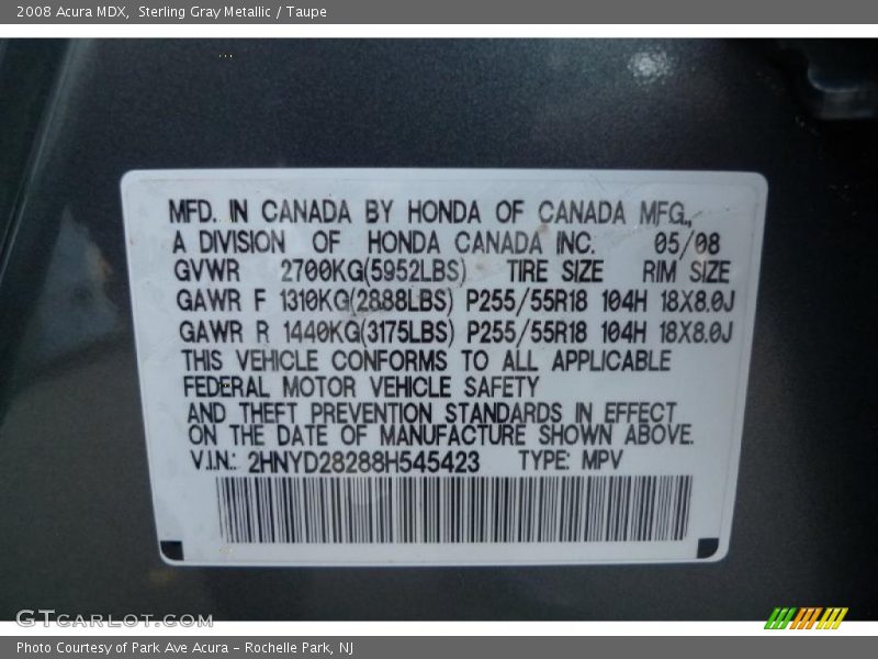 Sterling Gray Metallic / Taupe 2008 Acura MDX