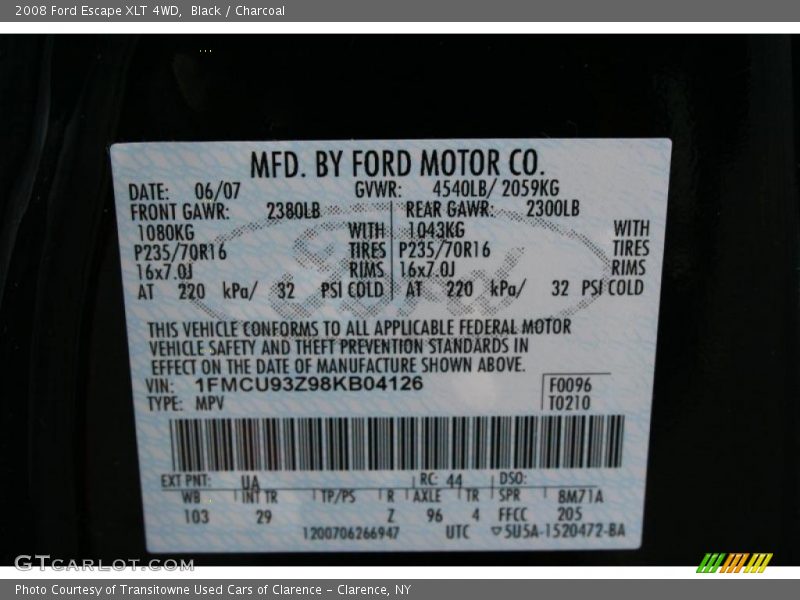 Black / Charcoal 2008 Ford Escape XLT 4WD