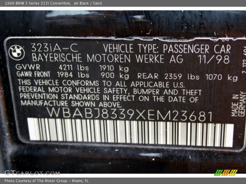 Info Tag of 1999 3 Series 323i Convertible
