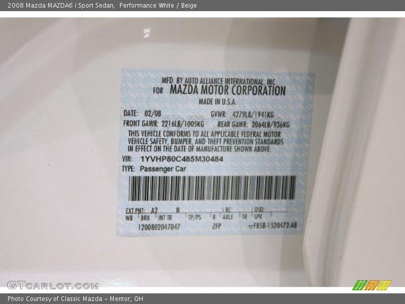 Performance White / Beige 2008 Mazda MAZDA6 i Sport Sedan