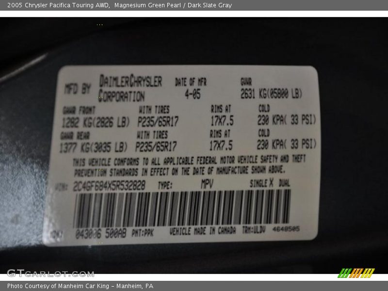 Magnesium Green Pearl / Dark Slate Gray 2005 Chrysler Pacifica Touring AWD