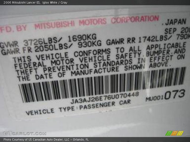Igloo White / Gray 2006 Mitsubishi Lancer ES