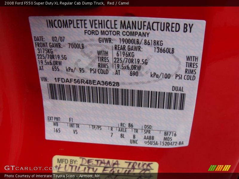 2008 F550 Super Duty XL Regular Cab Dump Truck Red Color Code F1