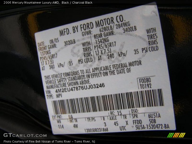 2006 Mountaineer Luxury AWD Black Color Code UA