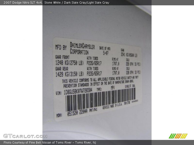 Stone White / Dark Slate Gray/Light Slate Gray 2007 Dodge Nitro SLT 4x4