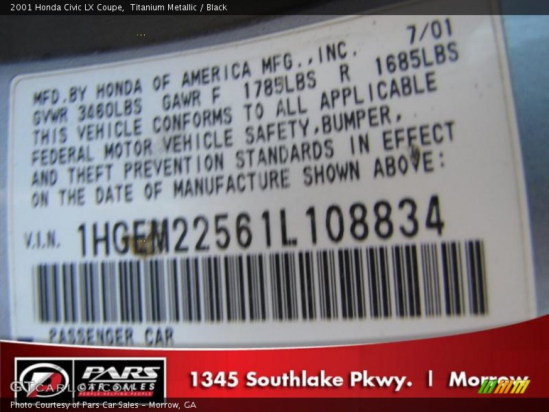 Titanium Metallic / Black 2001 Honda Civic LX Coupe