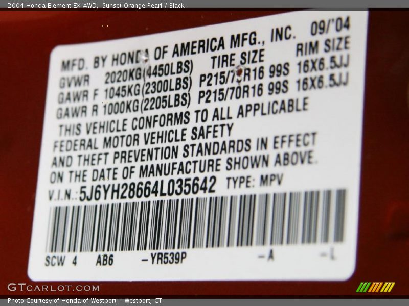 2004 Element EX AWD Sunset Orange Pearl Color Code YR539P
