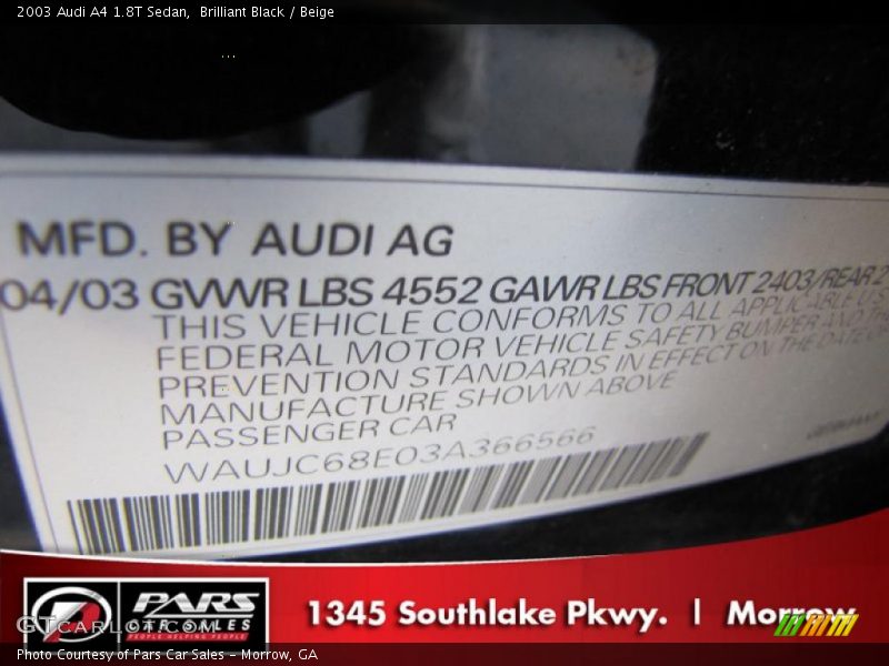 Brilliant Black / Beige 2003 Audi A4 1.8T Sedan