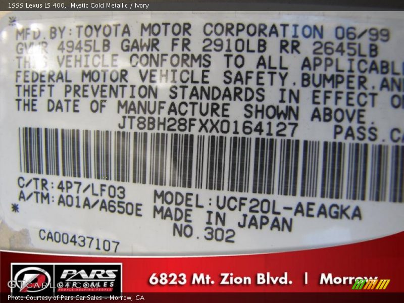 Mystic Gold Metallic / Ivory 1999 Lexus LS 400