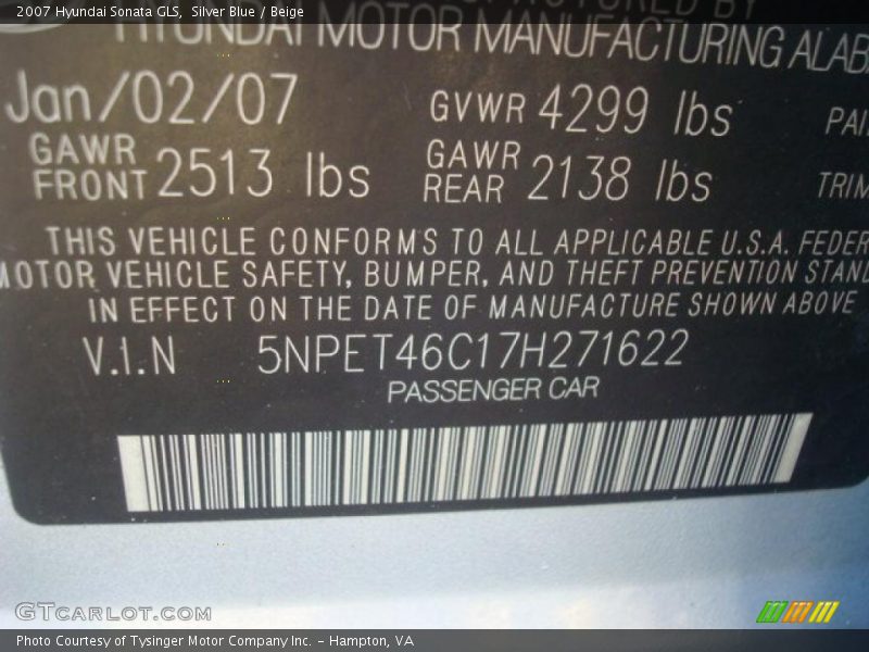 Silver Blue / Beige 2007 Hyundai Sonata GLS