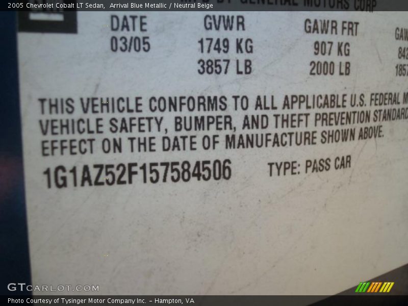 Arrival Blue Metallic / Neutral Beige 2005 Chevrolet Cobalt LT Sedan