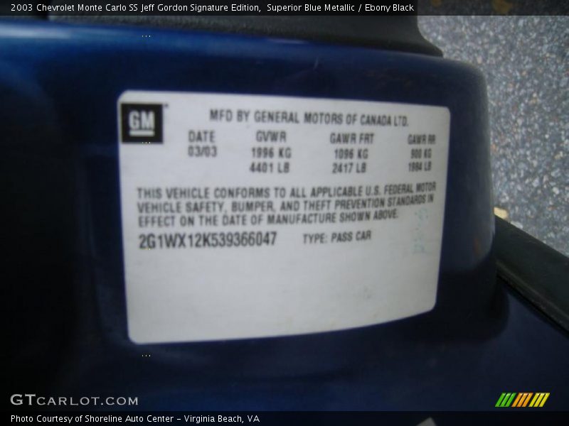 Superior Blue Metallic / Ebony Black 2003 Chevrolet Monte Carlo SS Jeff Gordon Signature Edition