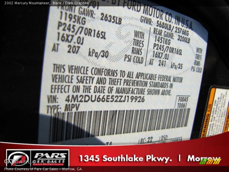 Black / Dark Graphite 2002 Mercury Mountaineer