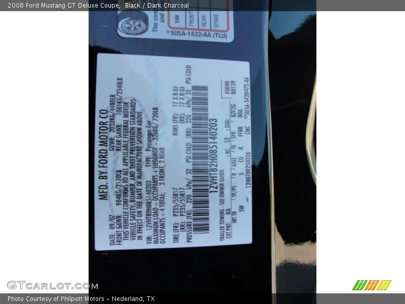 2008 Mustang GT Deluxe Coupe Black Color Code UA