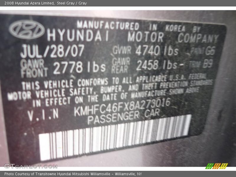 Steel Gray / Gray 2008 Hyundai Azera Limited