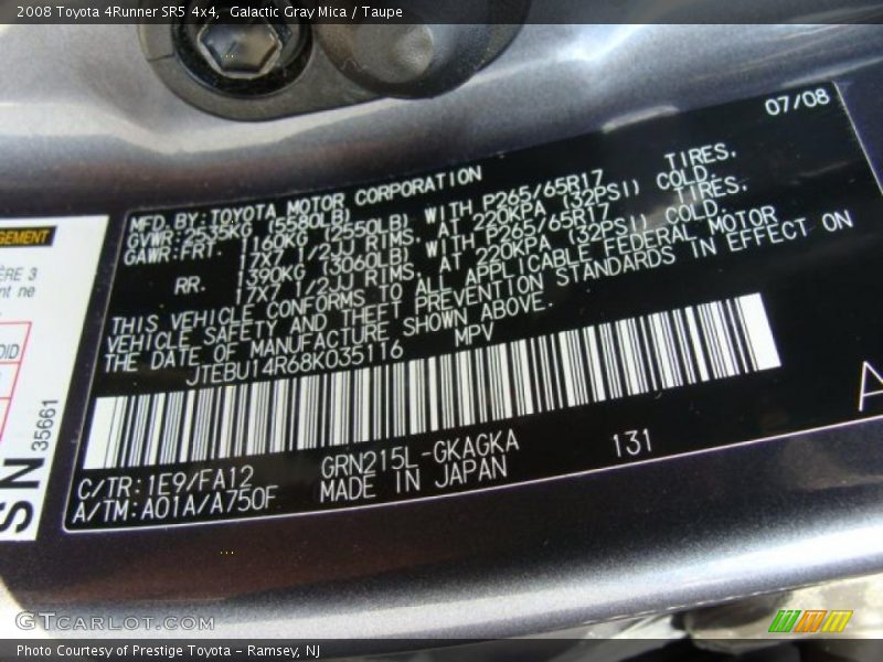 Galactic Gray Mica / Taupe 2008 Toyota 4Runner SR5 4x4
